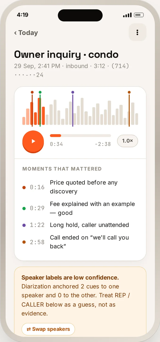 Call detail in the app: waveform with markers on scored moments, and the transcript below.