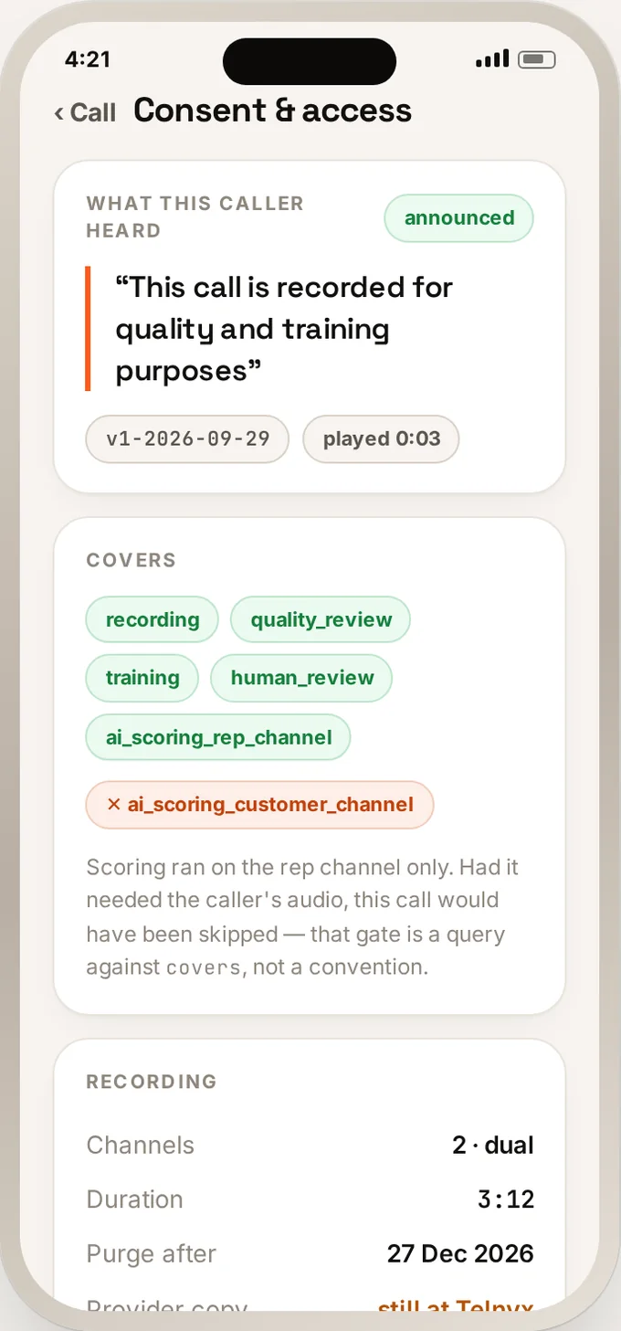 Consent and access screen in the app: the exact disclosure wording that was played, when it was played, and a log of who has listened to this recording.