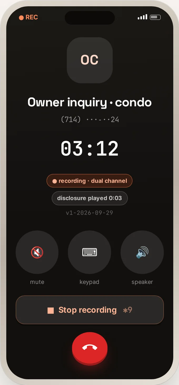 The Atlas Sales iOS app during a live call: a recording chip, a note that the disclosure was played at three seconds, a call timer, and a full-width Stop recording button.
