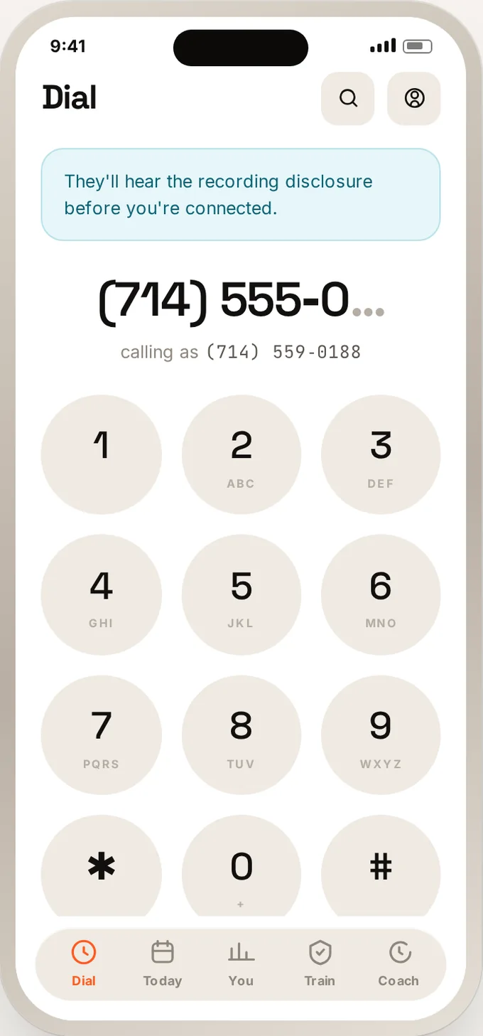 The Atlas Sales keypad on iPhone, showing the company number as the outbound caller ID.