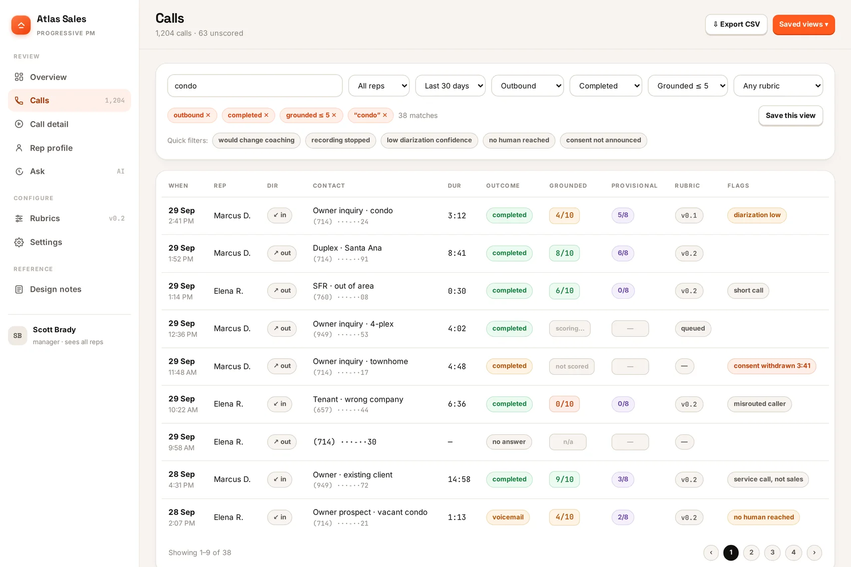 The call list in the Atlas Sales console, with filters for rep, date, direction, outcome and duration.