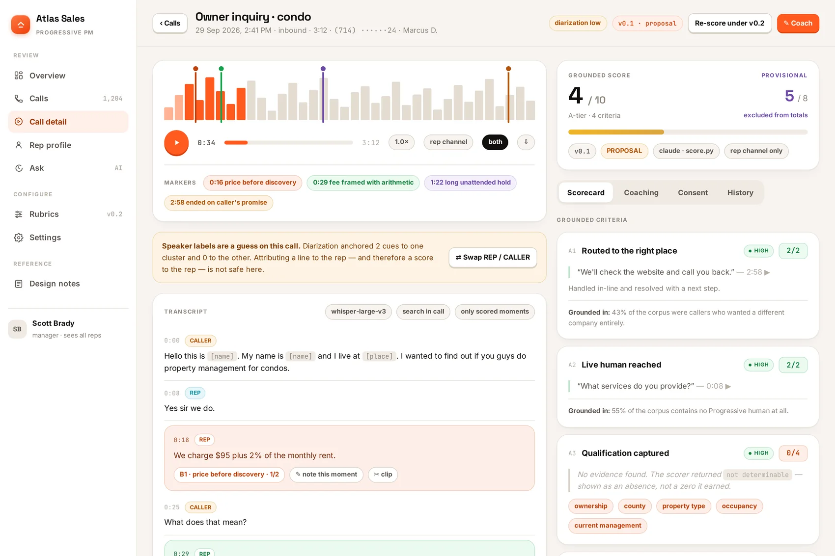 The Atlas Sales web console showing a call detail page: waveform with markers, the transcript with speaker labels, and the scorecard with grounded and provisional totals.