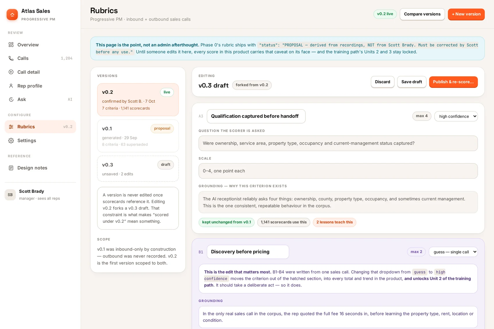 Rubric management in the Atlas Sales console: criteria with confidence flags and a publish preview showing what a change would affect.